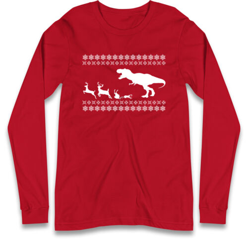 Funny T-Rex Ugly Christmas Full Sleeve TShirt,Dinosaur Chasing Reindeer Gift Tee - Picture 6 of 10