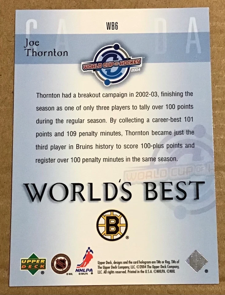2004-05 JOE THORNTON UPPER DECK WORLD’S BEST INSERT #WB6 BOSTON BRUINS - Image 2 of 2