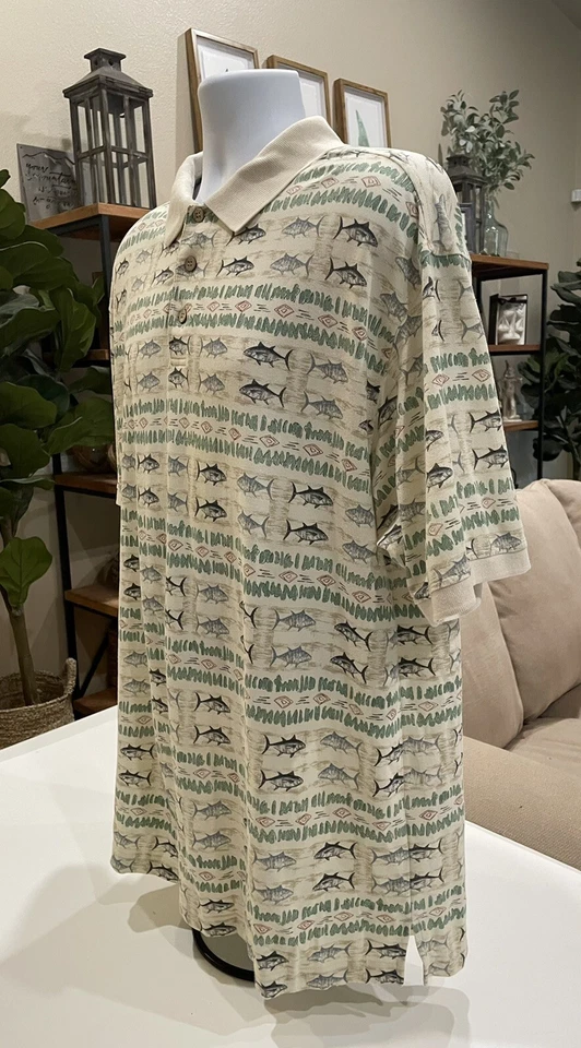 Summa Men's Short Sleeve Hawaiian Polo Shirt Fish Size XL , Cream, Green, Black - Image 4 of 4