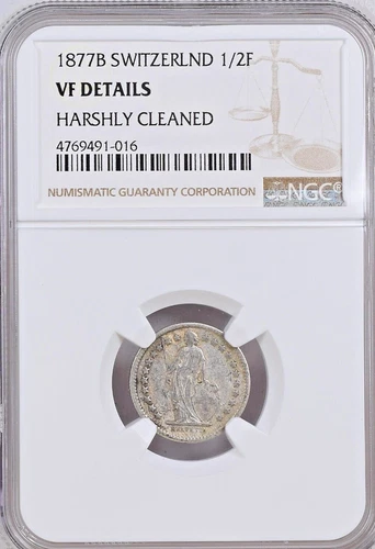 1877 B Switzerland Silver 1/2 Franc NGC VF .835 1/2F KM#23 Very Fine Certified