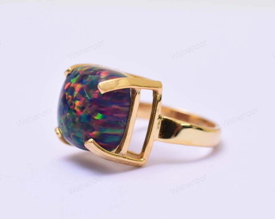 Nero Fuoco Opale 925 Anello Argento Sterling Cabochon di Fidanzamento Vedi Dei - Immagine 2 di 4