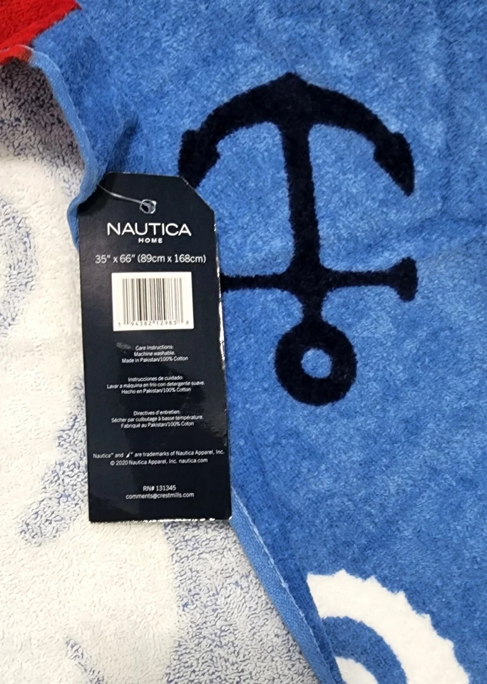 "Toalla de playa Nautica caballito de mar estampado acuático azul blanco logotipo 35"" x 66"" 100 % algodón" Foto 3 de 4