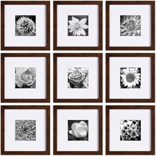 Yaetm 8x8 Picture Frame Set of 9 w/ Mat for 4x4 Photos, Square Brown Wood