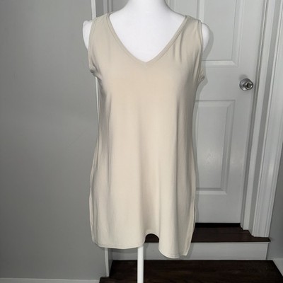 Sympli Go To V Neck Tank Relax Beige Sz Split Side Minimalist Quiet Luxury Basic
