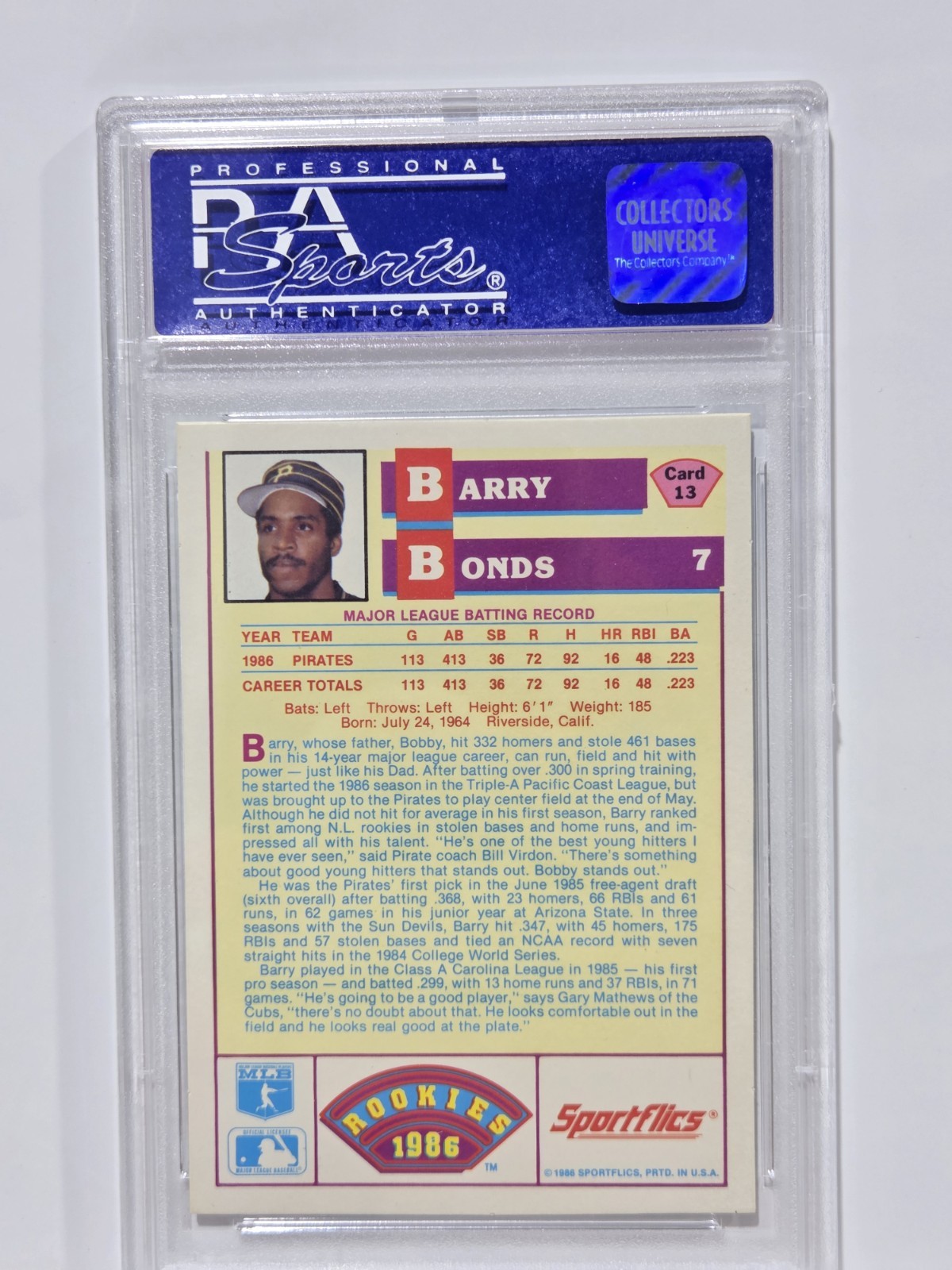 1986 Sportflics Barry Bonds Rc PSA 9 Mint #13 view 2