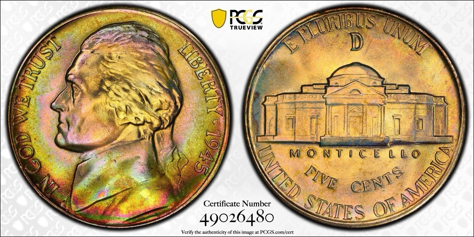 FINEST KNOWN 1945-D PCGS MS68+ Jefferson Nickel Registry Quality Rainbow Toned