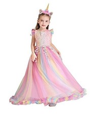 REXREII Princess Rainbow Unicorn Long Tulle Dress 7-8 Years Rainbow 001