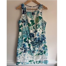 Eliza J Floral Sheath Dress Sleeveless with Lace Detail Size 8 Blue Green White