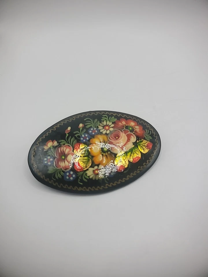 Broche prendedor vintage Fedoskino pintado a mano laca rusa madera firmado cierre en C Foto 2 de 4