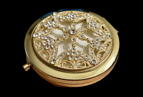 Vintage Gold-Tone & Rhinestone Mirrored Compact ~3”~NOS 1990s