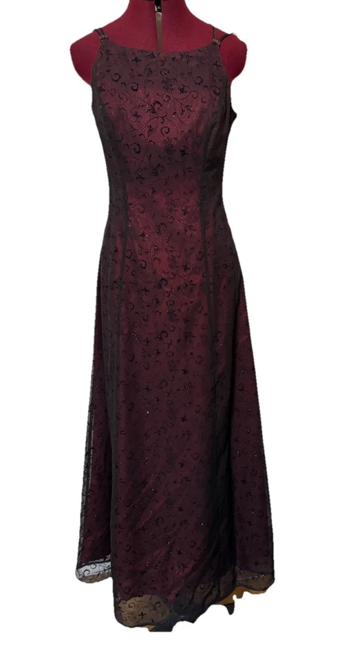 VTG Betsy & Adams Velvet Glitter Overlay Dress Size 6 Burgundy Y2K Prom Romantic - Image 2 of 4