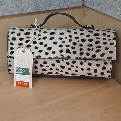 Divina Firenze Animal Print Satchel Top Handle Bag Detachable Strap White Brown