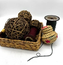 Rustic Basket Lot with Wicker Balls Yarn Spools and Woven Decor Accents Display