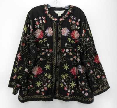 The Vermont Country Store Top Women 1X Black Linen Blouse Floral Art Cottage