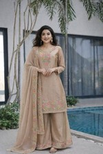 Beautiful Silk Beige Palazzo Suit With Dupatta For Indian Festival Wear