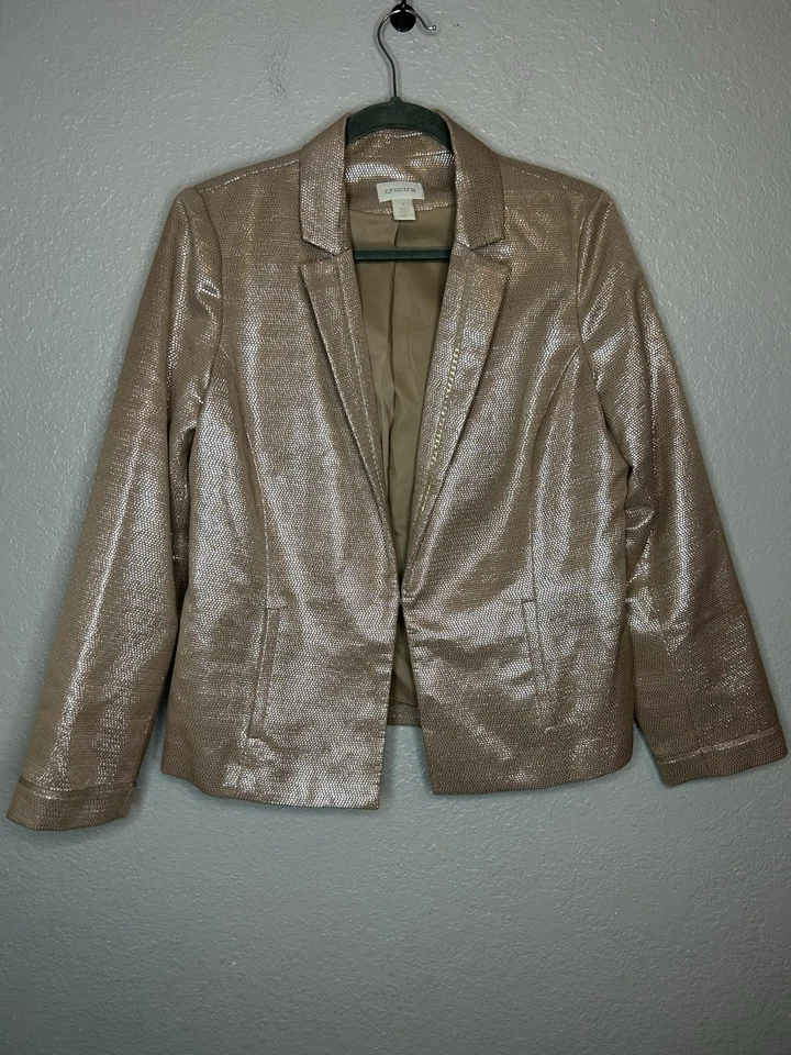Chaqueta Blazer Chico's Brillo Rubor Metálica Talla 1 Mediana Carrera Foto 2 de 4
