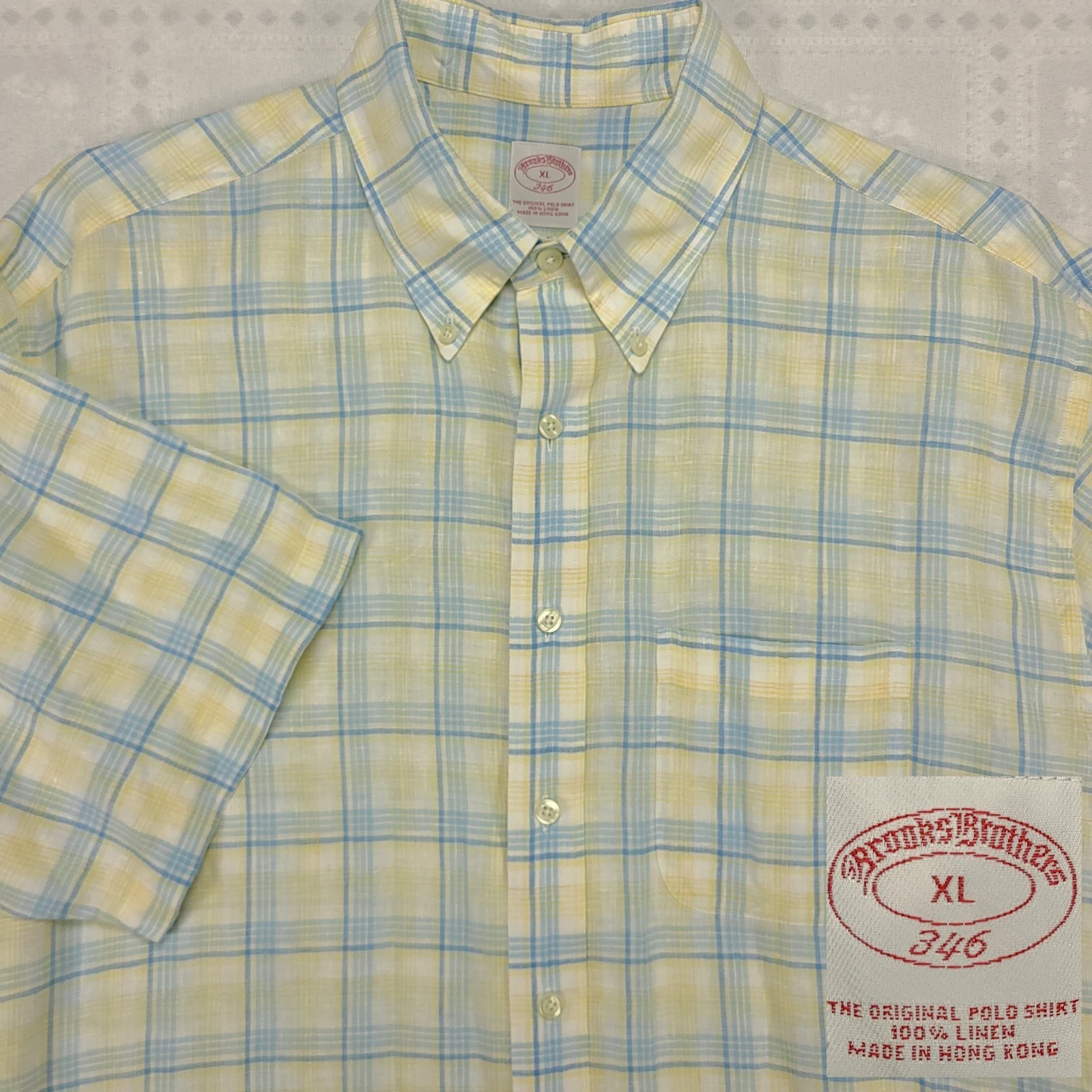 Brooks Brothers Mens Short Sleeve Button Down Shirt XL Linen Blue Yellow #M56