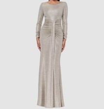 Betsy Adam Women Gold Metallic Draped Long-Sleeve Gown Dress Sz 10