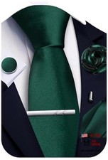 Solid Color Ties for Men Silk Satin Necktie and Pocket Square Hunter Green