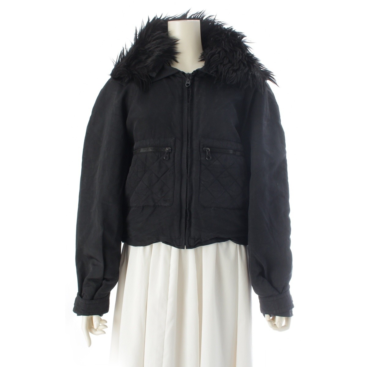 CHANEL 90s silk Fur collar, quilted Blouson Jacket Logo black 44