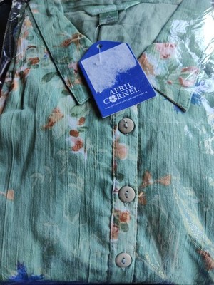 Damen grünes geblümtes Shirtwaist Baumwollkleid Gr. XL, April Cornell