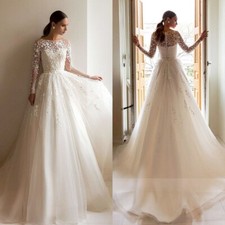 Luxury A-Line Wedding Dresses O-Neck Long Sleeved Lace Appliques Bridal Gowns