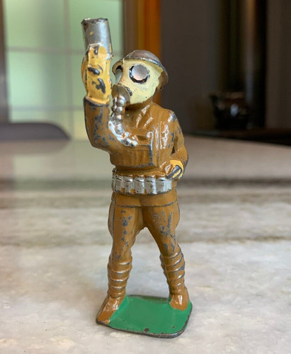 Superb Antique Leaded Figure Figurine Gas Mask Macabre Apocalyptic Curiosity
