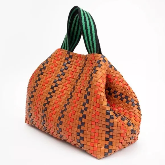 Clare V Bateau Tote Natural & Blood Orange w/Multi Oversize Woven Checker