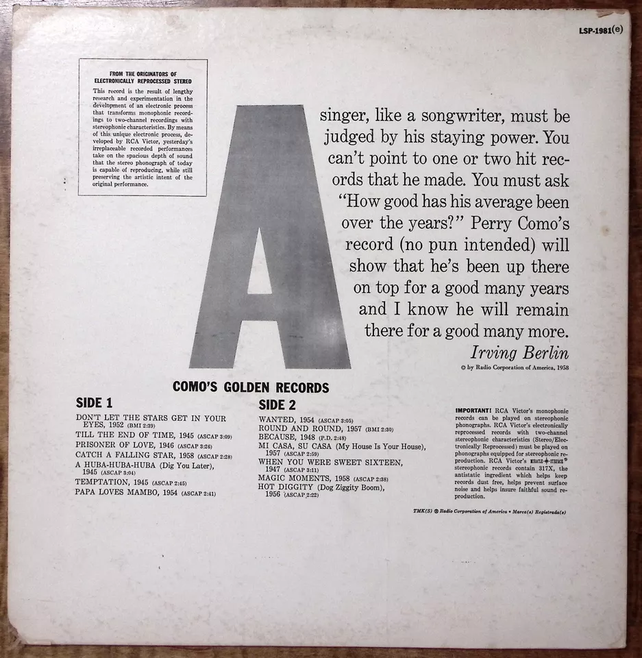 PERRY COMO COMO'S GOLDEN RECORDS RCA VICTOR RECORDS VINYL LP 198-53 - Image 2 of 4