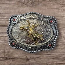 Cowboy Belt Buckle For Man - Bull Rider 4.25"x3.25" Silver Tone/Gold/Black