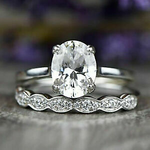 935 Argentium Silver Oval Cut CZ Wedding Ring Bridal Set 14K White  Gold FN - Main Image