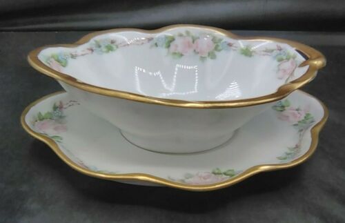 J & C Louise Limoges Pink Rose Floral & Gold Mayonnaise Dish & Underplate - Picture 2 of 6