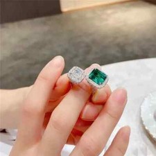 5CT Simulated Green Emerald  Sapphire Luxury Engagement Open Ring In 935 Silver