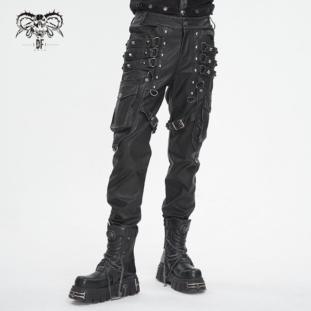 Pantalones ajustados de cuero gótico punk con tachuelas de metal de moda Diablo para hombre