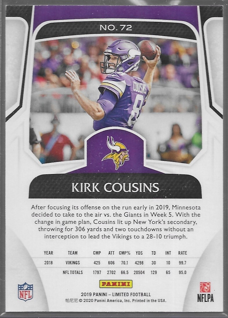 2019 Panini Limited Kirk Cousins #72 Ruby /49 Minnesota Vikings
