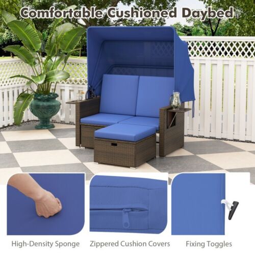 Outdoor Patio Rattan Daybed W/ Retractable Canopy Sofa Bed Loveseat Lounger Set - Picture 9 of 14