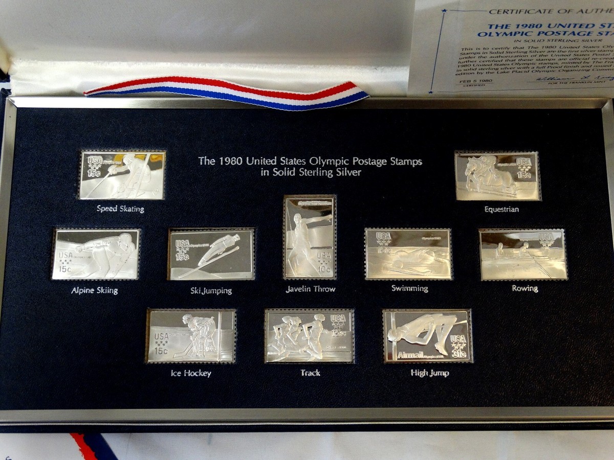 1980 US Olympic Postage Stamp 10 Piece Sterling Silver Ingot Set