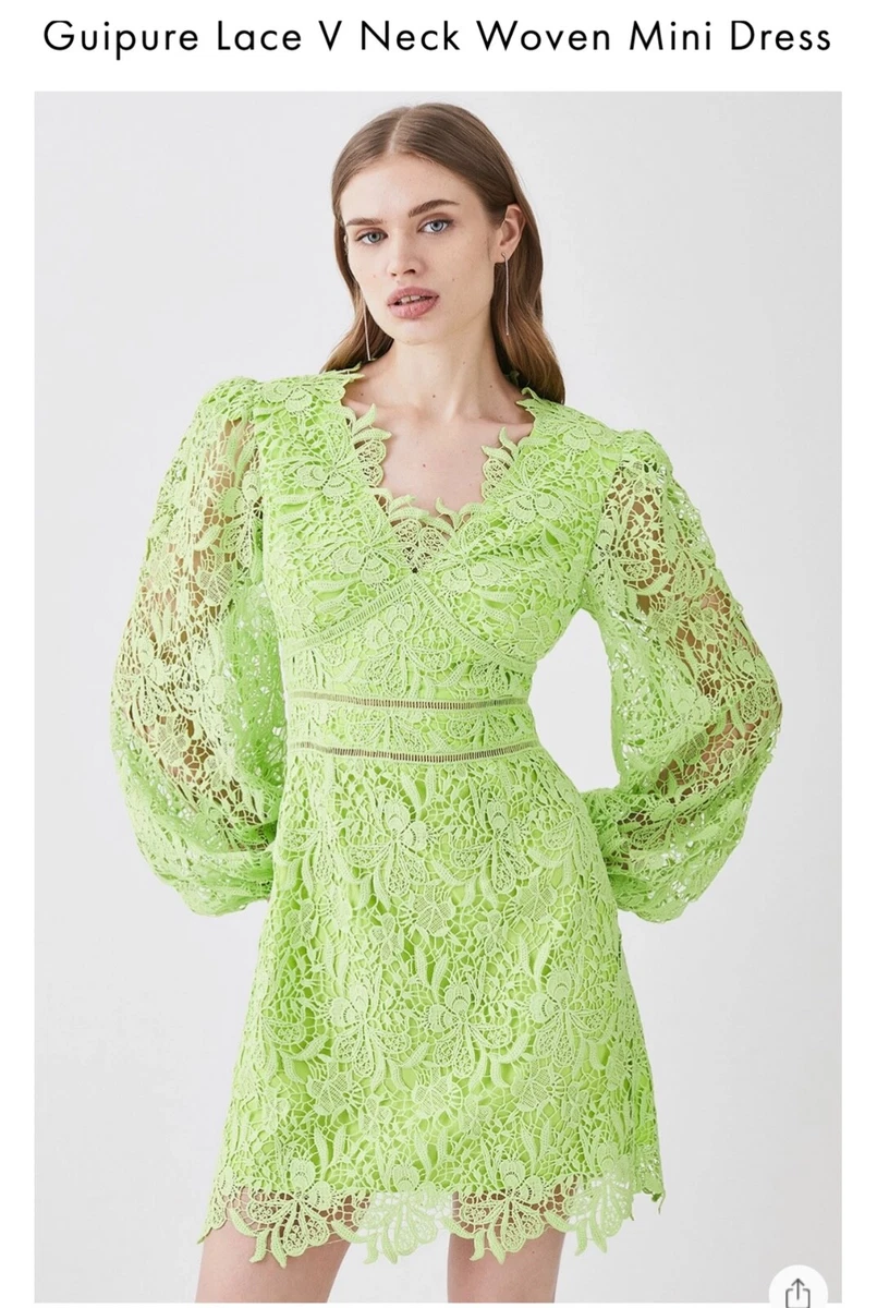 chinese dress ladies KAREN MILLEN Size 4 Black Green White Acetate Blend Abstract Mesh Sleeves  Dress