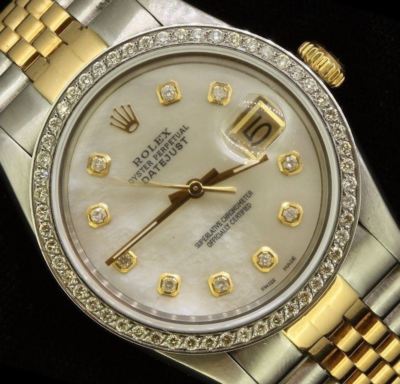 Rolex Mens Datejust Date Oyster Gold Steel Diamond Bezel Watch