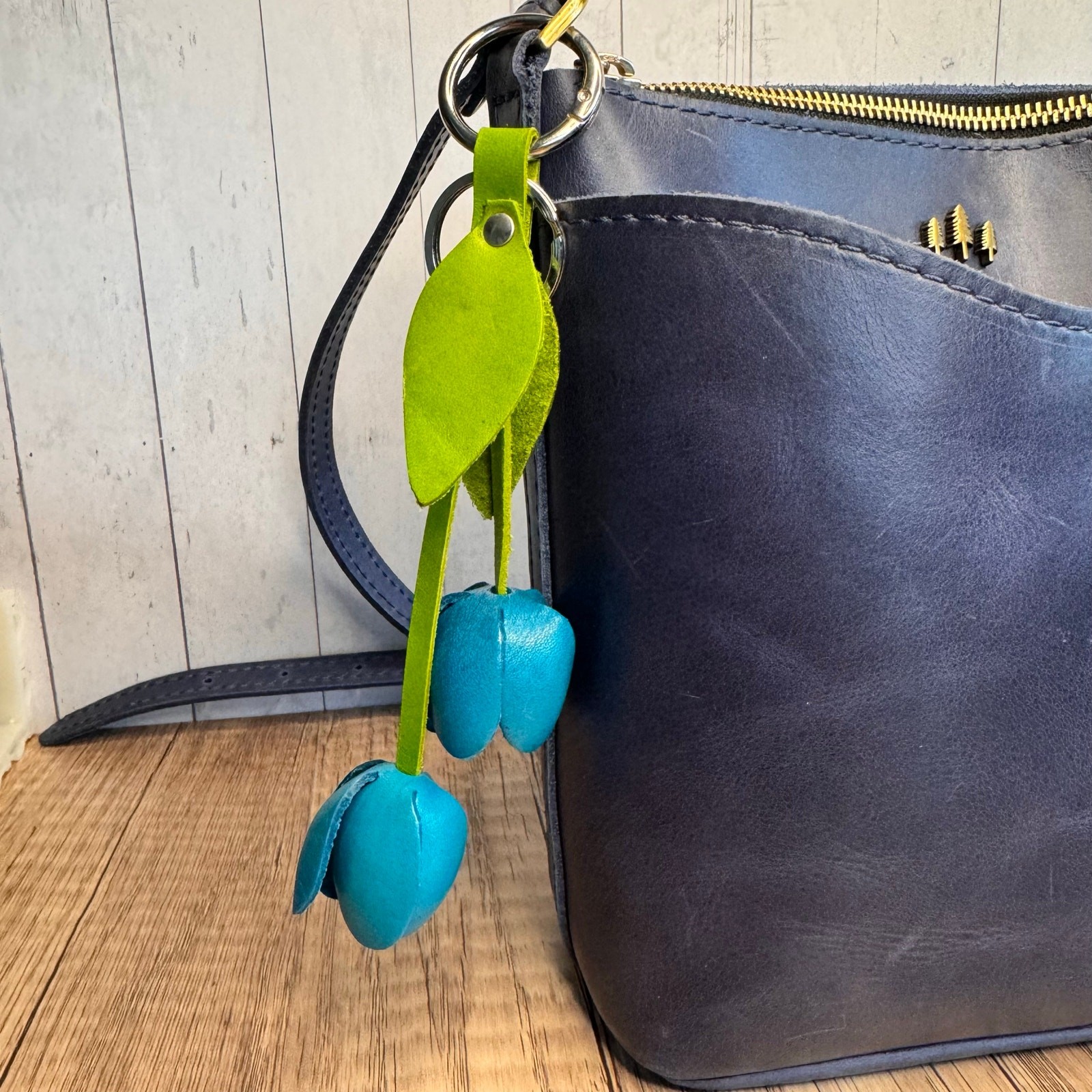Genuine Leather Bright Blue Tulip Bag Charm