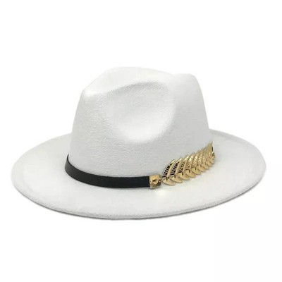 White Wide Brim Fedora Hat, Gold Leaf Band, Stylish Unisex Felt Panama Jazz Cap