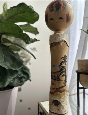 Huge 21'' Japanese Sosaku Kokeshi Doll Natural Birch Bark Carved Wood Mt Fuji 