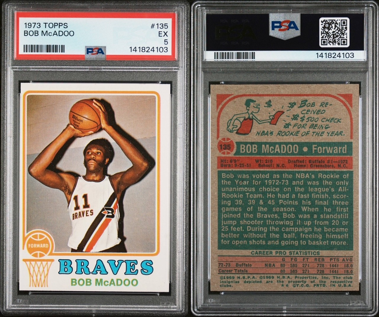 vintage PSA 5 - TOPPS 1973 BOB McADOO ROOKIE RC BASKETBALL CARD #135 - BRAVES view 3