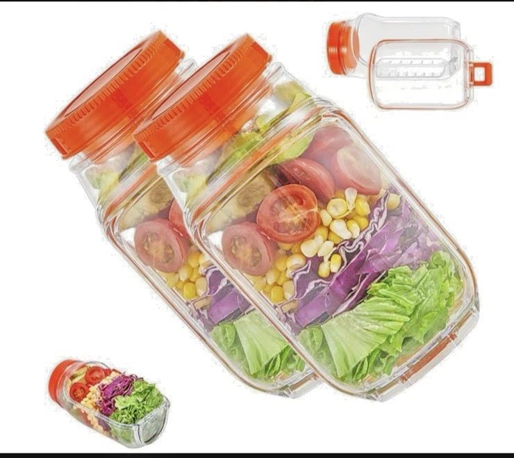 On The Go Salad Jar w/Side Opening -Leakproof Salad Container -Orange -2PK -NEW