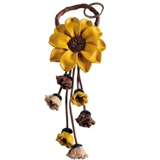 Yellow Large Leather Flower Key Chain Purse Charm Hand Crafted Floral Tassel Bag
