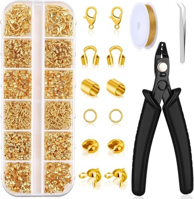 Jewelry Making Supplies Kit with 1200 Pcs Gold Crimp Beads, Covers, Tubes, and M