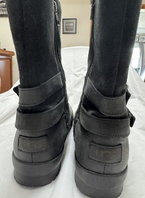 Ugg Women Black Leather Suede Waterproof Lorna Biker Moto Boots US 8.5 Euro 39.5