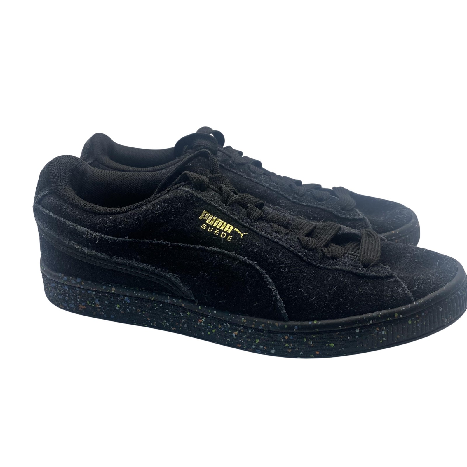 Puma Suede Shoes Girls Size 4 Black Suede Glitter Speckled Sole Low Top Sneakers