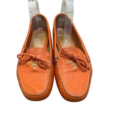 Prada Leather Bow Accents Loafers Orange Size 9.5 flaw