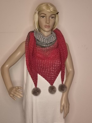 Handmade: Großes Häkeltuch im Granny-Style (Grau/Rot) mit Pompoms